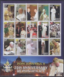 GAMBIA Sc# 2855a-o MNH SHEET of 15 DIFF 25th ANN POPE JOHN PAUL II PONTIFICATE