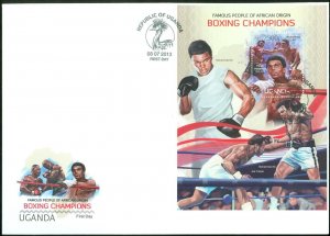 UGANDA FAMOUS PEOPLE OF AFRICAN ORIGIN BOXING  ALI  PATTERSON & FRAZIER S/S FDC