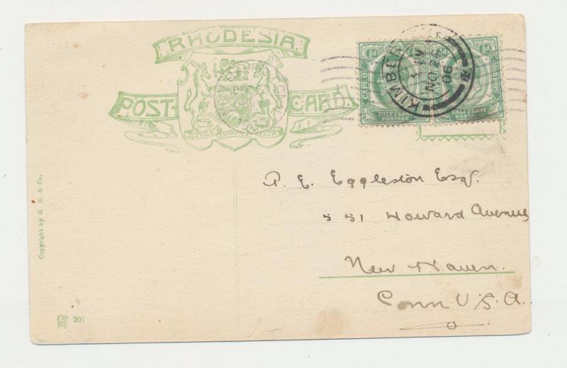 RHODESIA CARD TO USA 1906, KIMBERLEY TO NEW HAVEN, VICTORIA FALLS 2x½d RATE