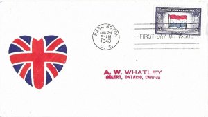 1943 FDC, #913, 5c Overrun Country - Netherlands, patriotic (heart)