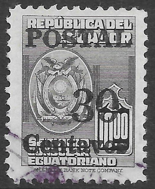Ecuador Scott 569 Used, 30c on 10s gray issue of 1953