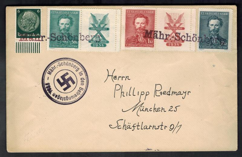 1938 Mahr Schonberg Germany Sudetenland Provisional Cover to Munich