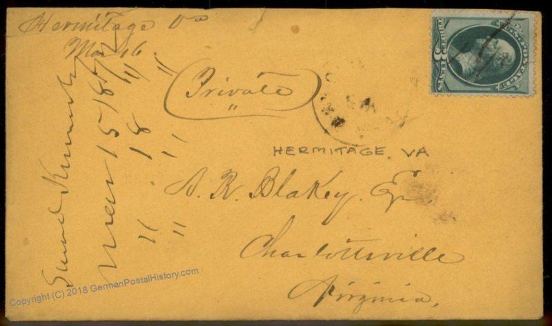 Virginia 1872 Hermitage VA Cancel DPO Helbock R5 Cover 92344