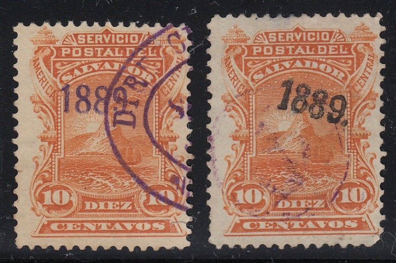 El Salvador 1889 10c with Violet & Black Handstamp Overprint Used. Scott 28 & 32
