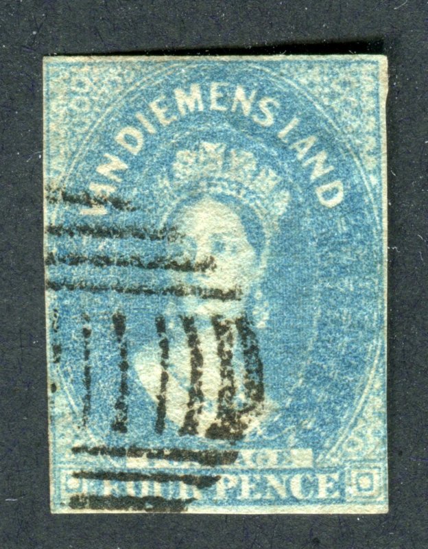 Tasmania 1857. 4d pale blue. Used. Chalon. Imperf. 4 Margins. SG36.