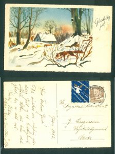 Denmark. Christmas Card 1952 With Seal + 20 Ore. Frostrup.Fox,Forest,House.Varde