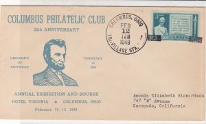 U. S. 1949 Columbus Philatelic Club 25th Anniv. Lincoln illust Stamp Cover 37570