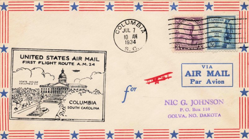 USA 1934 FIRST FLIGHT COVER  1934  COLUMBIA  SC