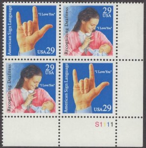 1993 American Sign Language Plate Block Of 4 29c Stamps, Sc# 2783-2784, MNH, OG