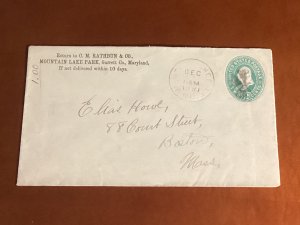 12/27/1891 cover Mountain Lake Park MD from Rathbun & Co to Elias Howe in Boston