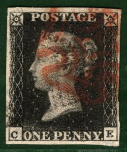 GB PENNY BLACK QV Stamp SG.1 1d Plate 5 (CE)*State 1 (1840) VFU Cat £525+ GRED28