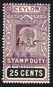 Ceylon Stamp Duty BF110 25c Lilac and Black wmk Mult Crown CA