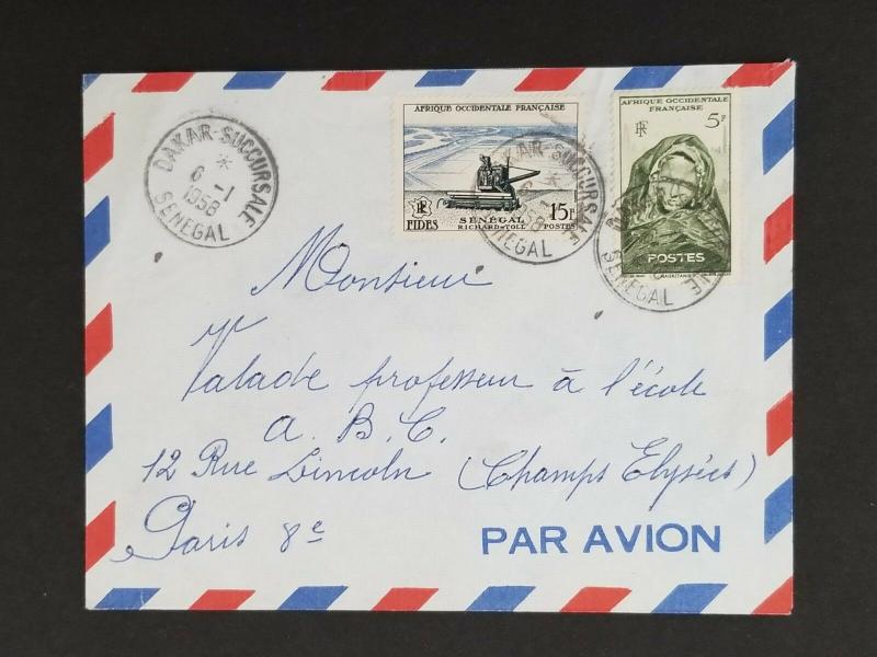 1958 Dakar Senegal French West Africa to Paris France Air Mail Cover 