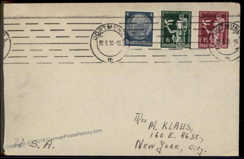 Germany 1936 Leisure and Health Congress Mi622-3 FDC to USA 62946