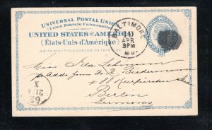 US 1885 Fancy Cancel Baltimore, MD., Sc #UX6 Postcard to Berlin, Germany