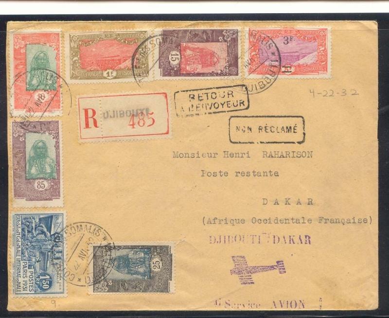 Cote des Somalis 1er Vol Djibouti Dakar (Senegal) du 21 4 1932 (1st flight lettr