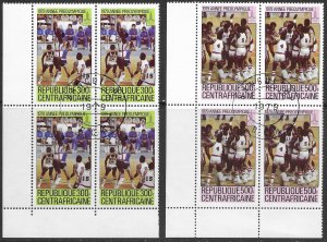 Central African Republic #406-407 used bottom corner blocks of 4. 1979 Olympics