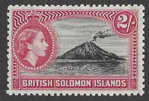 British Solomon Islands #101 mint single, Q E II & Tinakula volcano, issued 1956