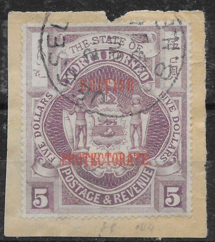 NORTH BORNEO SG144 1905 $5 DULL PURPLE USED ON PIECE, DUBIOUS CANCEL