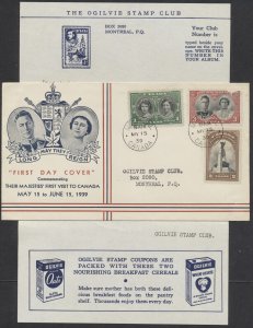 1939 #246-248 Royal Visit FDC Unusual Cachet With Ogilvie Stamp Club Insert