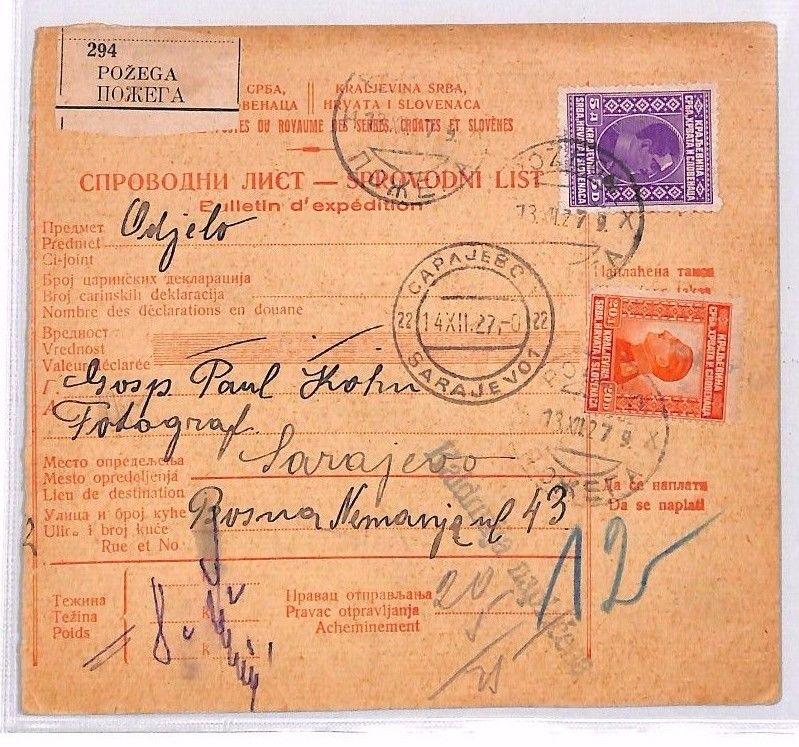 BR137 1927 YUGOSLAVIA Sarajevo Pozega Dispatch Note