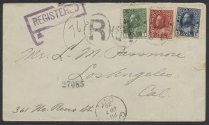 1920 Registered Cover Galt ONT to Los Angeles via London and Chicago 3 Admirals