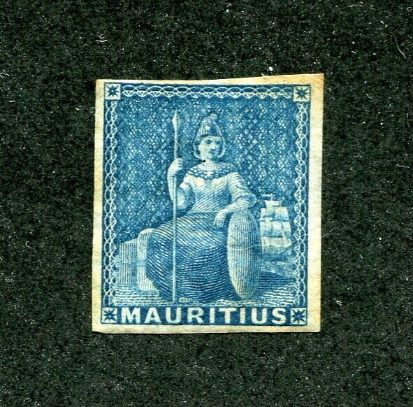 x596 - MAURITIUS Sc# 8 Blue Britannia. Never placed in use. MH. Four Margins