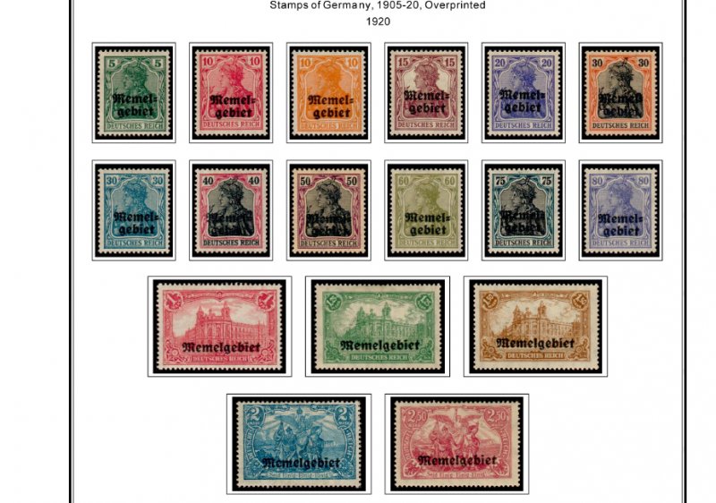 COLOR PRINTED MEMEL 1920-1923 STAMP ALBUM PAGES (14 illustrated pages)