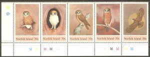 NORFOLK ISLAND Sc# 343 MNH FVF 5-Strip Owls Birds