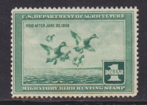US Sc RW4 MLH. 1937 $1 Scaup Ducks Duck Stamp