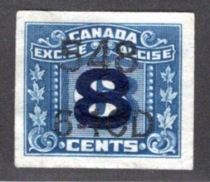 FX139, van Dam, 8c on 6c, precanceled, used, Imperforate Excise Revenue, Canada