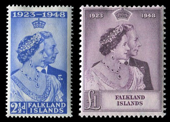 Falkland Islands #99-100 Cat$112, 1948 Silver Wedding, set of two, hinge remnant