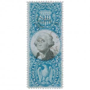 R128 $10 Blue & Black, G. Washington, U.S. Internal Revenue, Second Issue, 1871