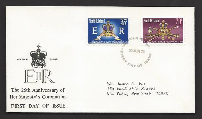 NORFOLK ISLAND 1978 QE2 CORONATION 25th Anniversary Set Sc 229-230 on Cachet FDC