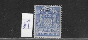 RHODESIA SCOTT #7 1880-94 COAT OF ARMS 6P (DEEP BLUE) MINT HINGED