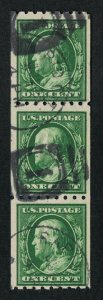 GENUINE SCOTT #390 USED 1910 GREEN COIL STRIP OF 3 RAPID CITY SD CANCELS #10407