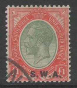 SOUTH WEST AFRICA SG57 1927 £1 PALE OLIVE-GREEN & RED FINE USED 
