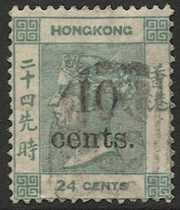 HONG KONG 1880 10c on 24c green QV Sc 35, Used F-VF, cv $95