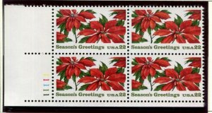 1985 Christmas Poinsettia Plate Block of 4 22c Postage Stamps, Sc# 2166, MNH, OG