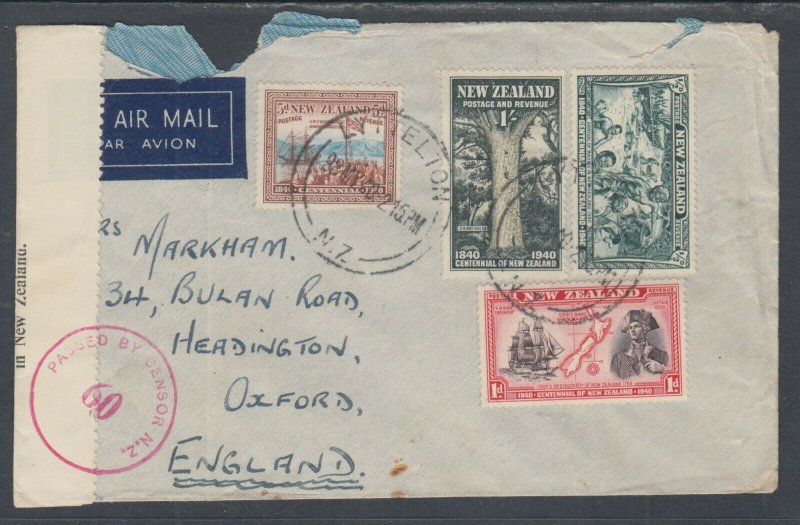 New Zealand Sc 229/241 on 1940 Censored Air Mail Cover, Lyttelton-Oxford England