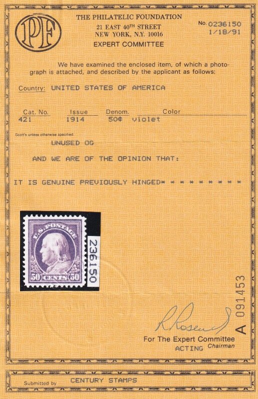 421 VF-XF with PF cert. OG lightly hinged with nice color ! see pic ! 