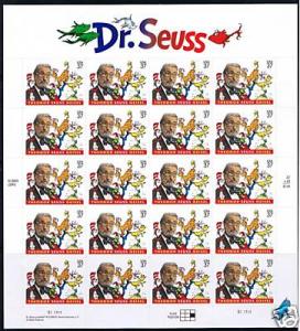 US Scott # 3835 FULL PANE OF 20 DR. SEUSS STAMPS