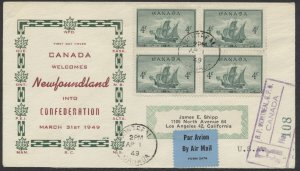 1949 #282 Newfoundland FDC Block Brown - Green JCR Cachet Registered Montreal