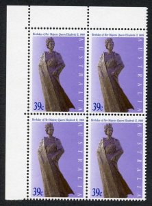 Australia SG1202 39c Queen Elizabeth II Queens Birthday in a U/M block of 4