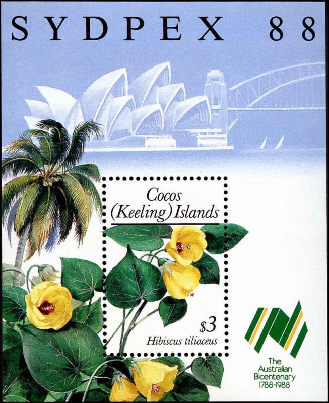 Cocos Islands #199, Complete Set, Souvenir Sheet, 1988, Flowers, Stamp Show, ...