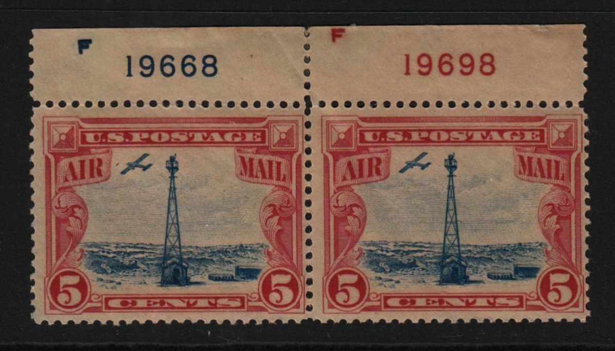 1928 AIRMAIL Sc C11 5c Beacon MHR OG plate number pair, Hebert CV 20