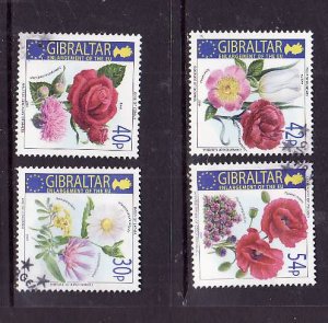 Gibraltar-Sc#946-9-used set-Flowers-European Union-2003-small hinge remnant on b