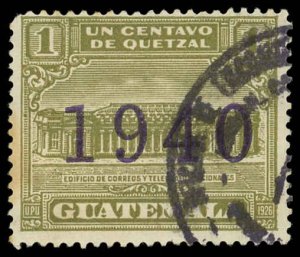 GUATEMALA Sc RA13 F-VF/USED - 1940 1c ol grn -G.P.O. & Telegraph Building w/ovpt