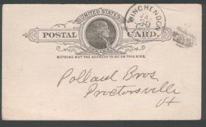 USA 1890 1c postal card canc Winchendon Mass duplex