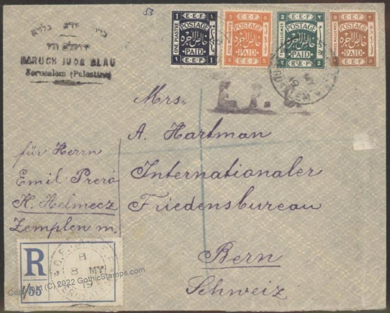 Israel Palestine British Mandate EEF Cover Jerusalem Bern Switzerland Re G109317